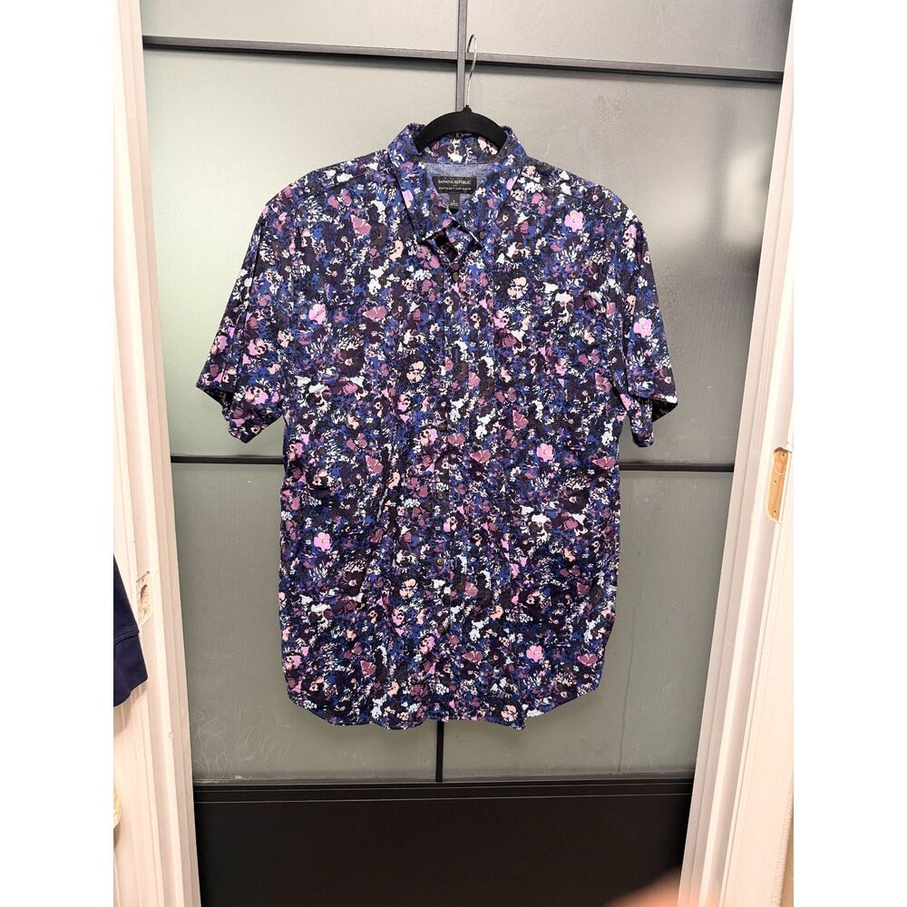 Banana Republic Mens Floral Camp Collar Shirt L Purple Blue Cotton Resort Retro
